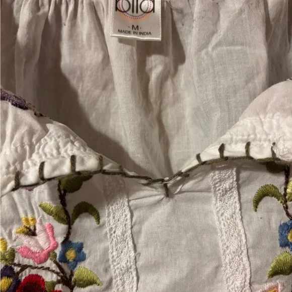 100 Cotton White Embroidered Peasant Blouse M Boho Cottagecore Folk Festival - Picture 4 of 4